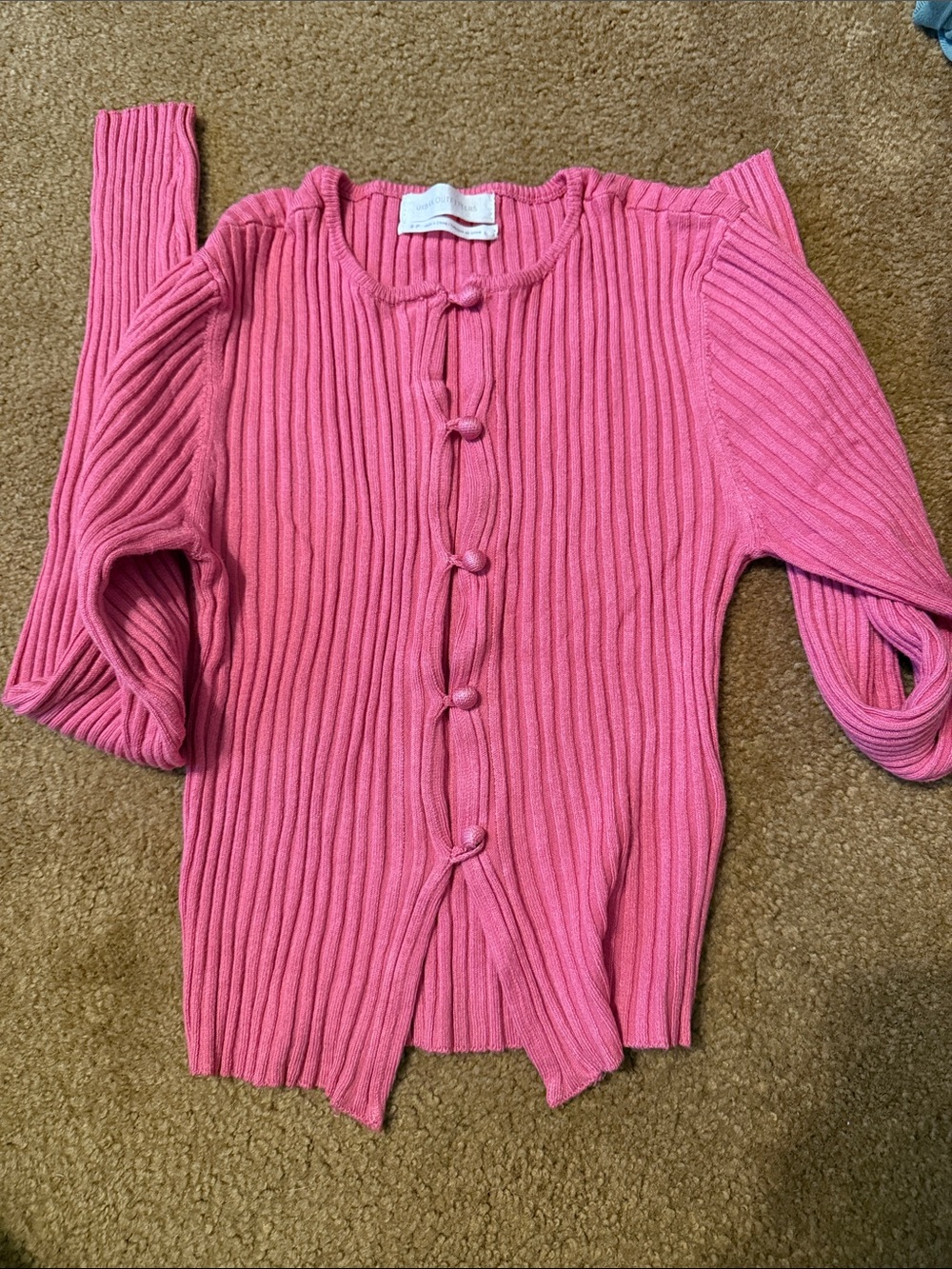 Urban Outfitters Pink Ribbed Button-Front Cardigan